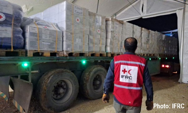 An IFRC employee supervises the arrival of a truck loaded with humanitarian aid in the Middle East
